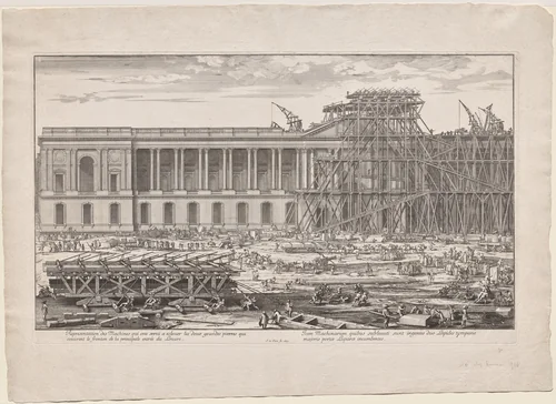 Representation des Machines qui ont servi à eslever les deux grandes pierres qui couvrent le fronton de la principale entrée du Louvre by Sébastien Le Clerc, print, 1677