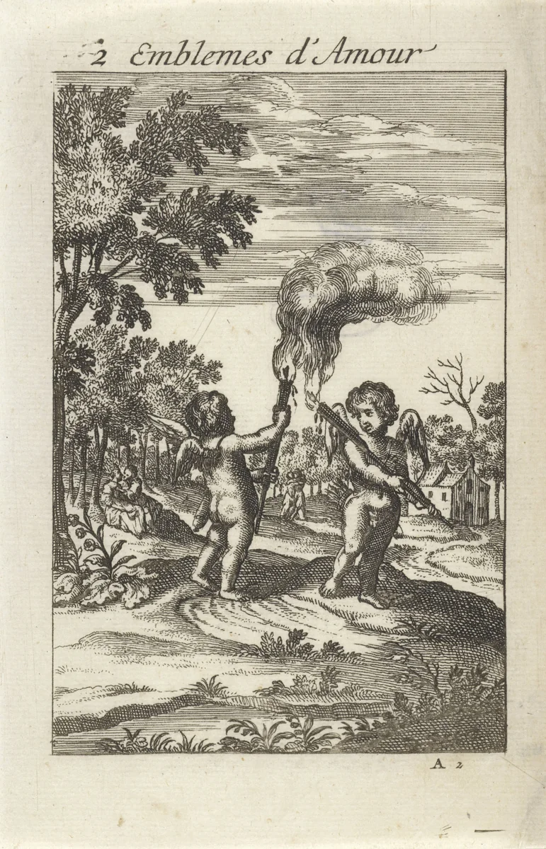 Twee putti met toortsen by Jan van Vianen, print, 1686