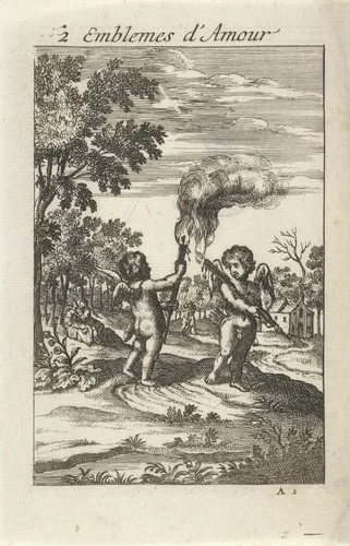 Twee putti met toortsen by Jan van Vianen, print, 1686