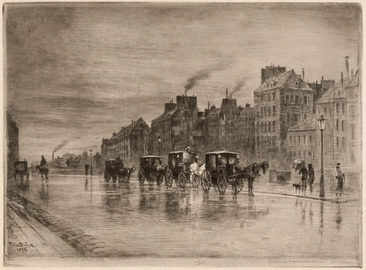 Une Matinée d'Hiver au Quai de l'Hôtel-Dieu (Winter Morning on the Quai de l'Hôtel-Dieu) by Félix-Hilaire Buhot, print, 1876