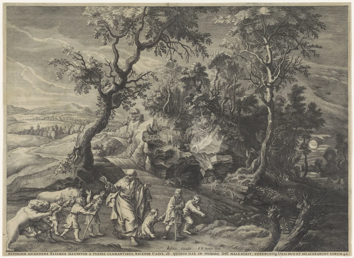 Bestraffing van de kinderen die Elisa bespotten by anonymous, print, 1630-1652