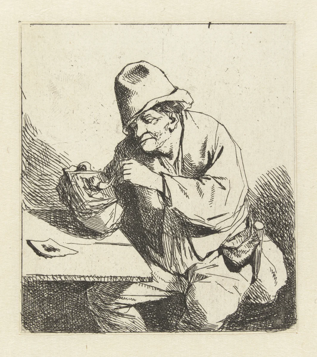 Zittende man steekt pijp aan by Cornelis Pietersz. Bega, print, 1642-1664