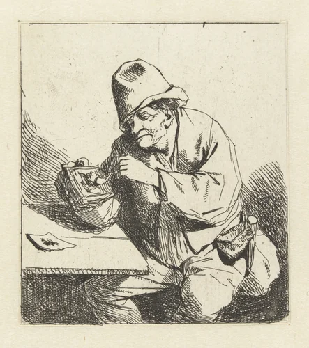 Zittende man steekt pijp aan by Cornelis Pietersz. Bega, print, 1642-1664