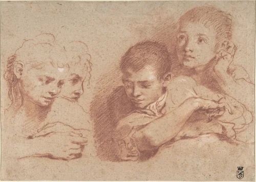 Studies of a Boy and a Girl (recto); Studies of Legs (verso) by Annibale Carracci, drawing, 1560-1609