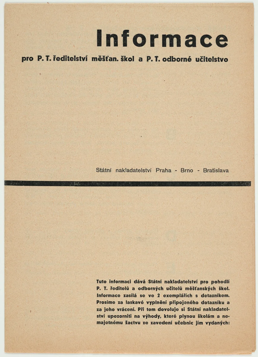 Informace pro P. T. reditelstvi mestanskych skol a P. T. odborne ucitelstvo by Augustin Tschinkel, design, 1920