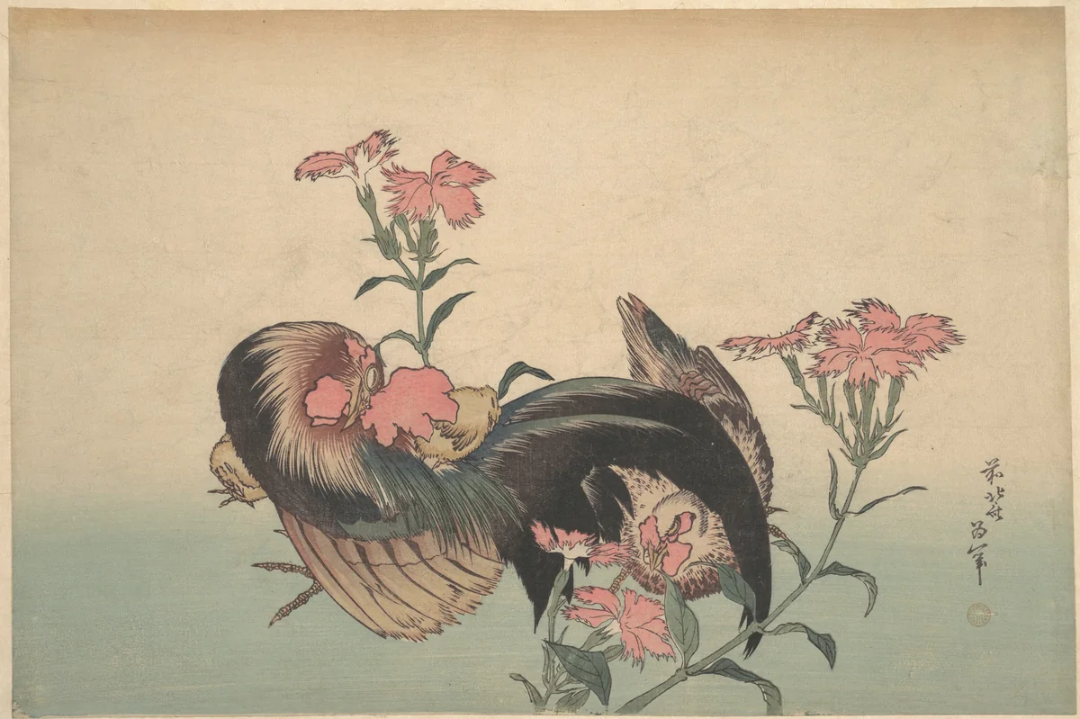 Cock, Hen, and Nadeshiko (Dianthus Superbus) by Katsushika Hokusai (葛飾 北斎), print, 1760-1849