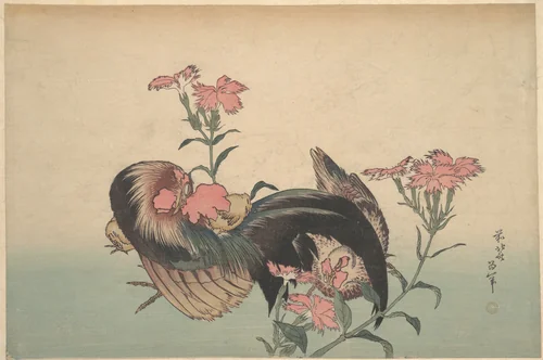 Cock, Hen, and Nadeshiko (Dianthus Superbus) by Katsushika Hokusai (葛飾 北斎), print, 1760-1849