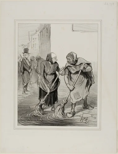 “- Say then, Madme. Giboulard … don't you agree that it is not very pleasant for women of our gender, to come down like this everyday, cleaning the gutters of St. Honoré … - That's true, Madame Chaffarou, but we can also praise ourselves of being the only ones to embellish Paris!,” plate 75 from Caricatures Du Jour by Honoré-Victorin Daumier, print, 1843