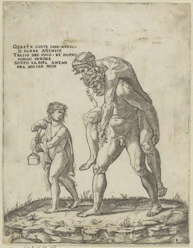 Aeneas vlucht met zijn familie uit Troje by Giovanni Jacopo Caraglio, print, 1515-1565