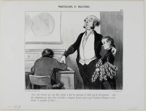 “- Please no exaggerations in this article which goes to all the newspapers. Write only that our pupil Greluchot has received fourteen prizes and that there is no doubt that the Institute Bilboquet is the finest in all of Paris!,” plate 27 from Professeurs Et Moutards by Honoré-Victorin Daumier, print, 1846