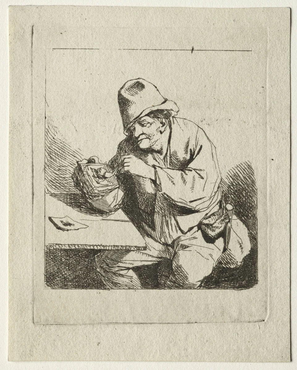 Peasant Lighting his Pipe by Cornelis Pietersz. Bega, print, 1620-1664