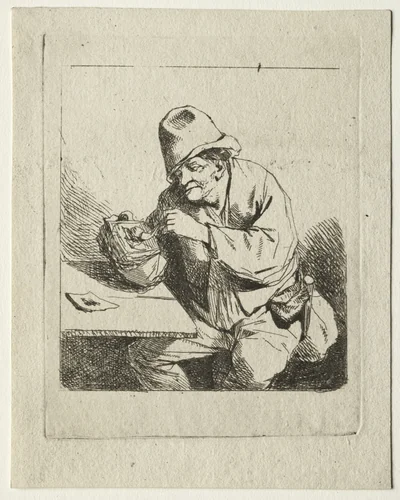 Peasant Lighting his Pipe by Cornelis Pietersz. Bega, print, 1620-1664