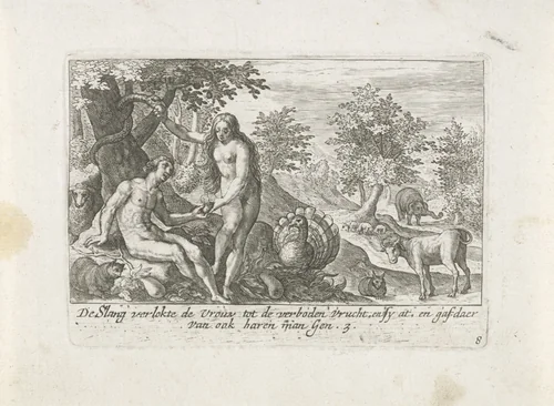 De zondeval by Crispijn van de Passe, print, 1700-1750