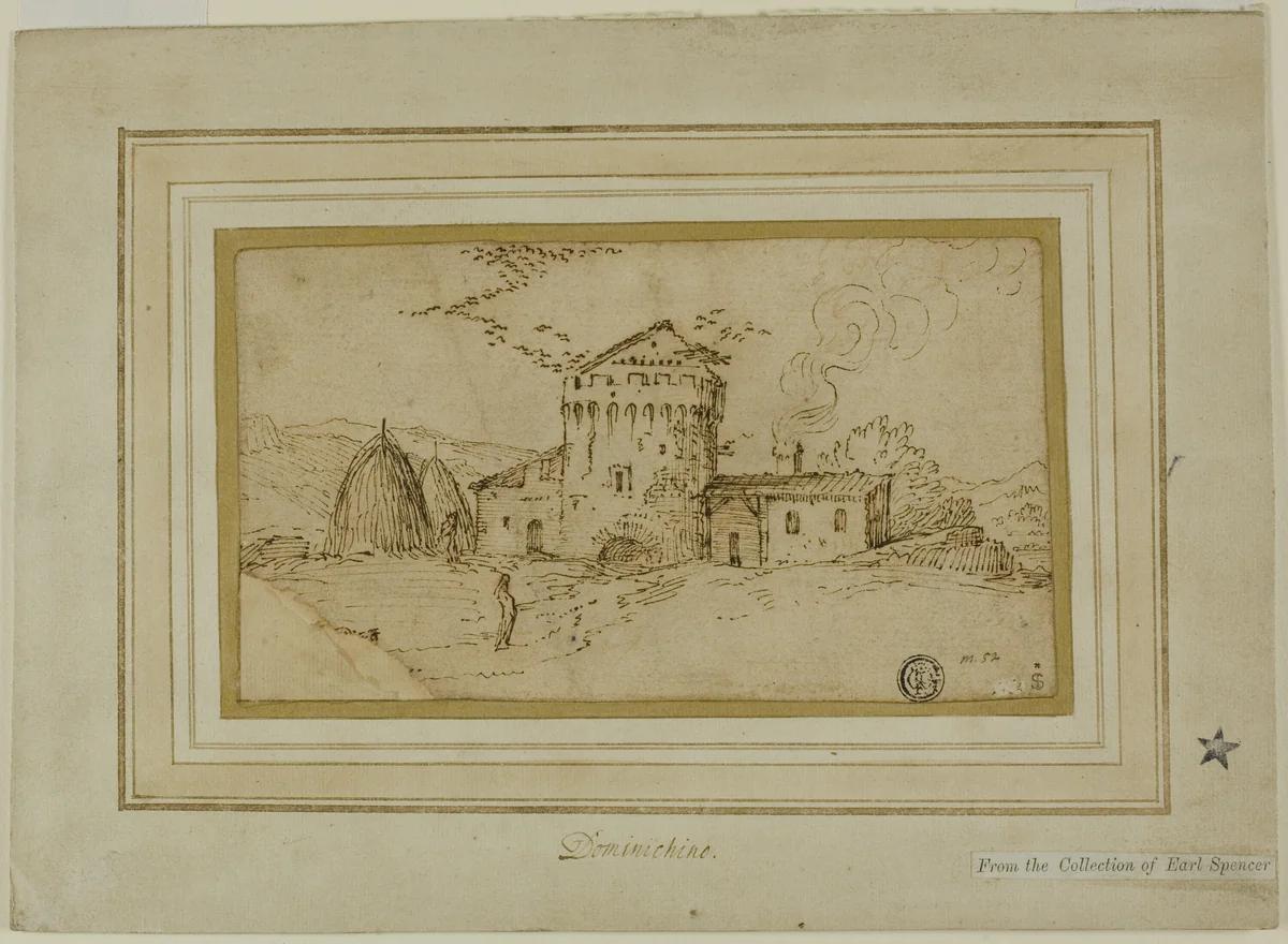 Farm with Tower and Haystacks by Domenichino, drawing, 1601-1699