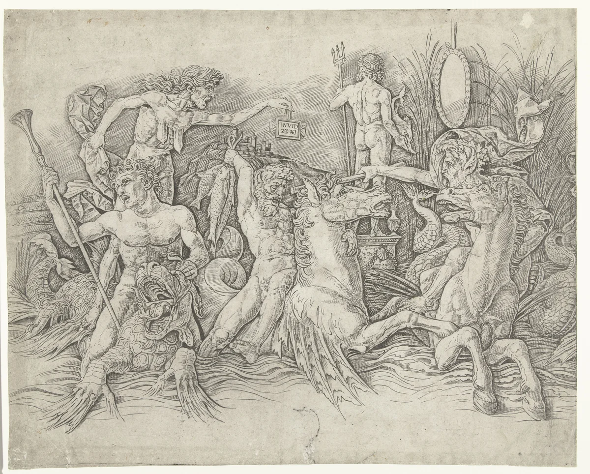 Gevecht tussen satyrs rijdend op hippocampussen en oude vrouw als personificatie van afgunst staand op rug van draak by Andrea Mantegna, print, 1473-1477