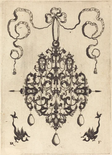 Large Pendant, Two Fantasy Creatures with Long Tails at Bottom by Daniel Mignot, print, 1596