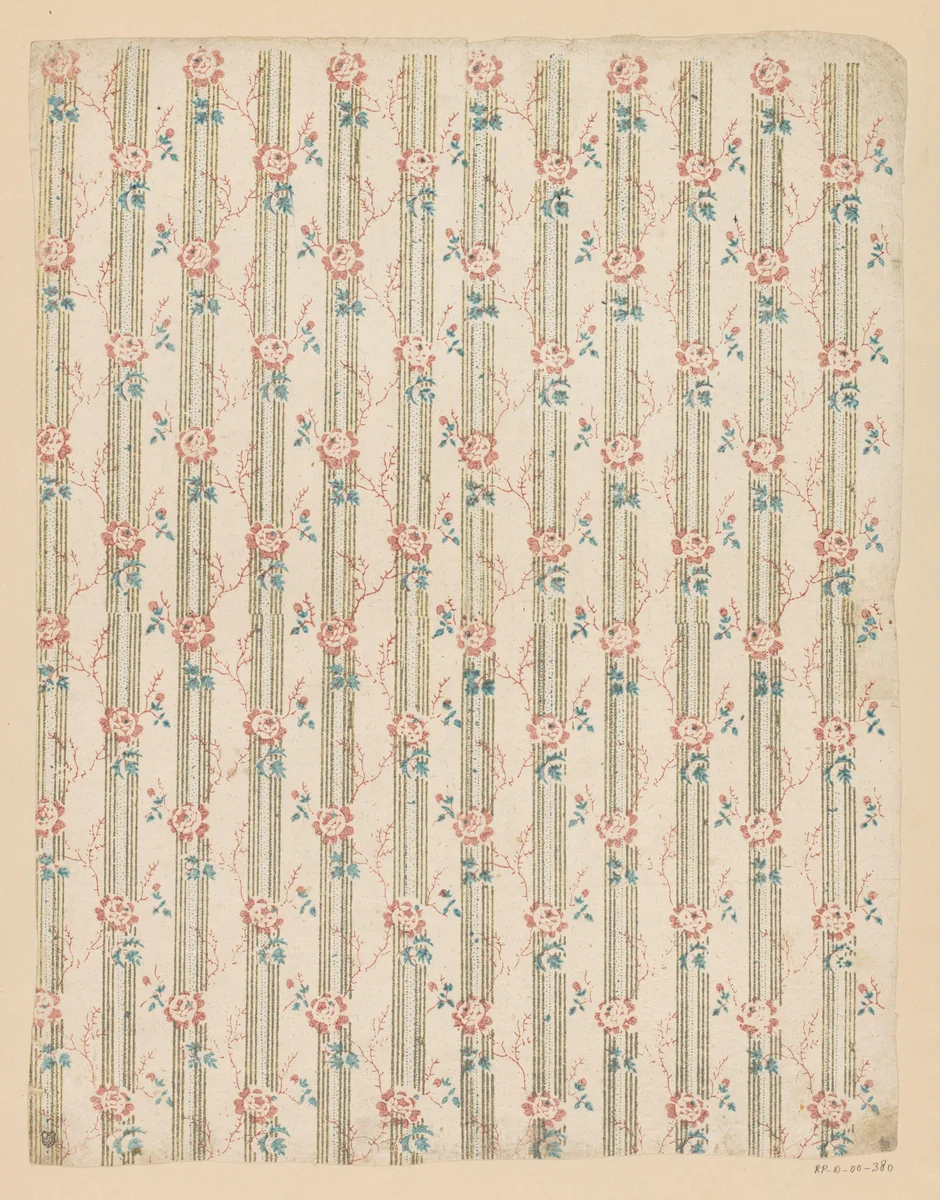 Blad met banenpatroon van bloemen op lijnen en takjes met vruchtjes by anonymous, print, 1700-1850
