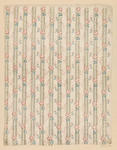 Blad met banenpatroon van bloemen op lijnen en takjes met vruchtjes by anonymous, print, 1700-1850