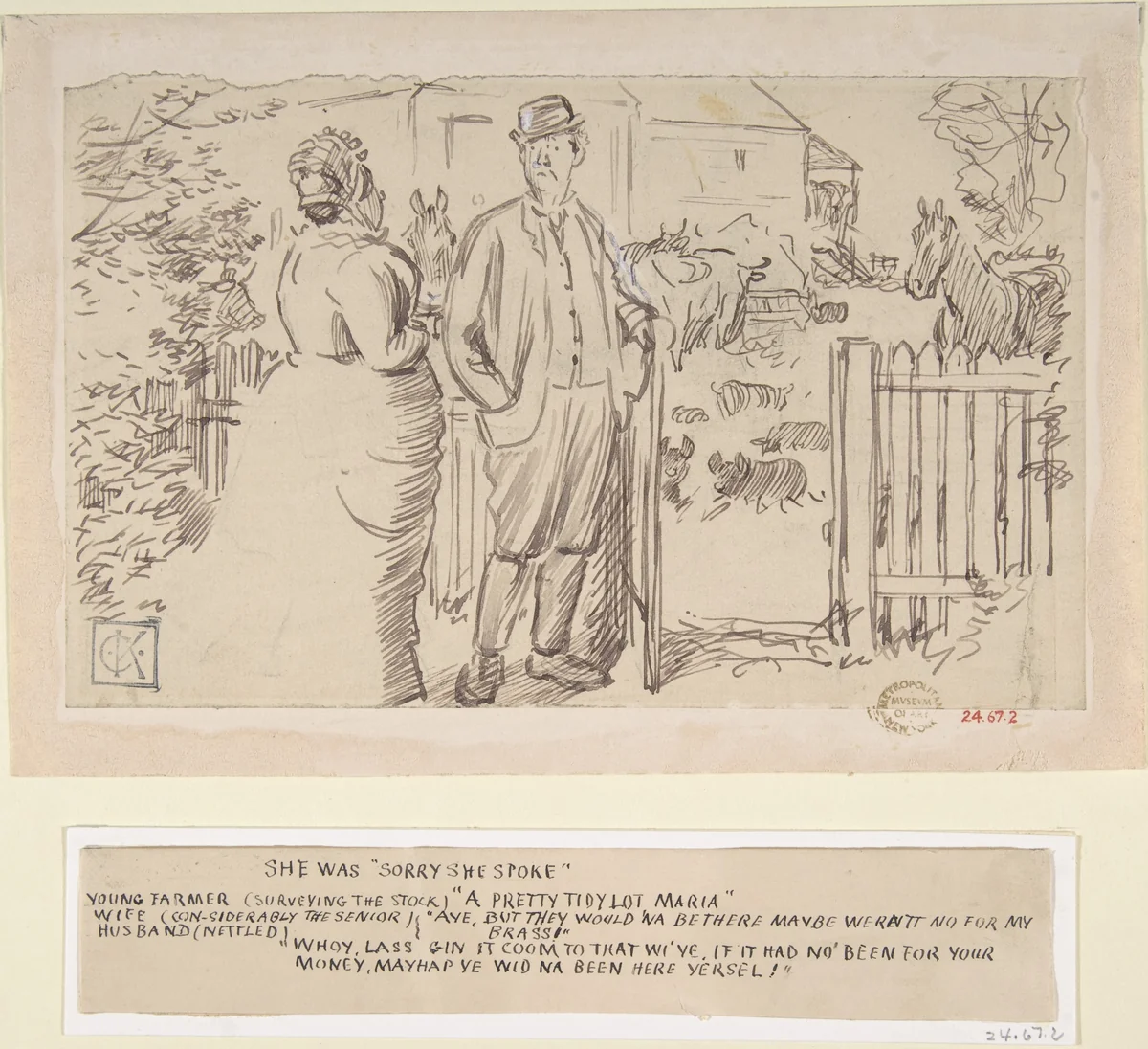 She was "Sorry She Spoke" by Charles Samuel Keene, drawing, 1870-1891