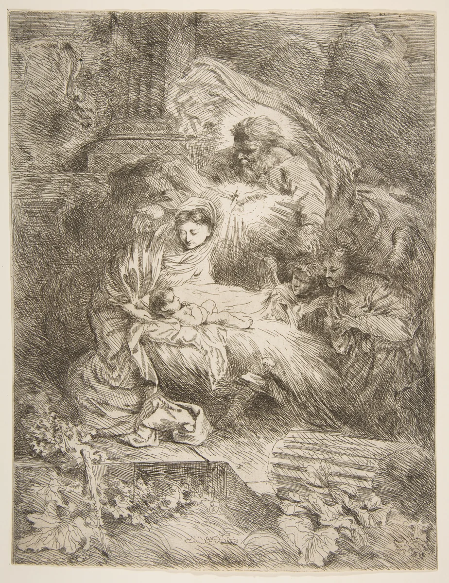 God the Father observing the Virgin and Child, angels to the right by Giovanni Benedetto Castiglione, print, 1640-1650