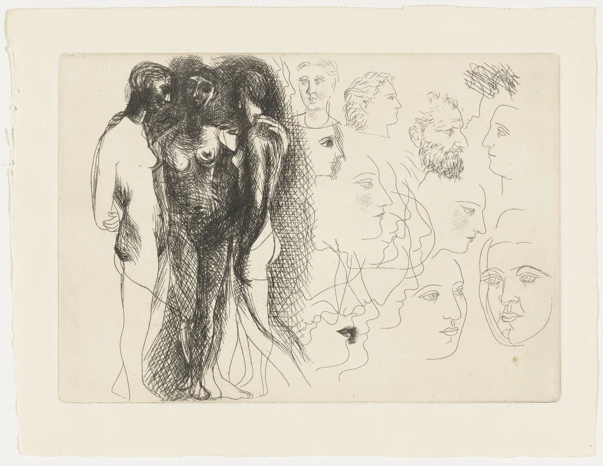 Three Standing Nudes, with Sketches of Faces from Le Chef-d'œuvre inconnu by Pablo Picasso, illustrated book, 1927