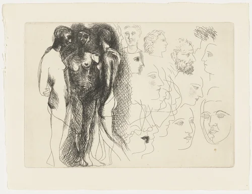 Three Standing Nudes, with Sketches of Faces from Le Chef-d'œuvre inconnu by Pablo Picasso, illustrated book, 1927