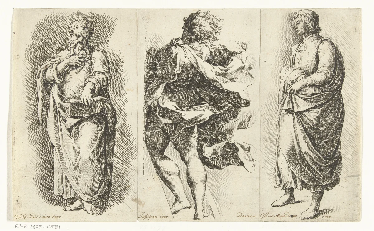 Drie staande mannen by Jan de Bisschop, print, 1668-1671
