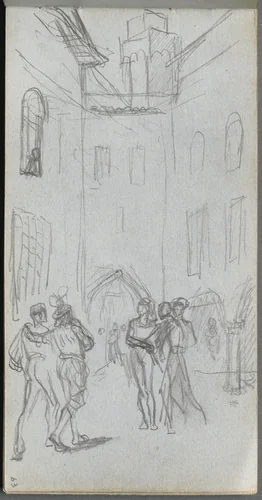 Sketchbook, page 63: Figures in a Courtyard by Ernest Meissonier, book, 1860-1869