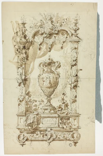 Monumental Vase in Ornamental Frame (recto); Sketch of Standing Man with Parasol and Parrot, and Architectural Studies (verso) by Unknown Artist, drawing, 1800-1899