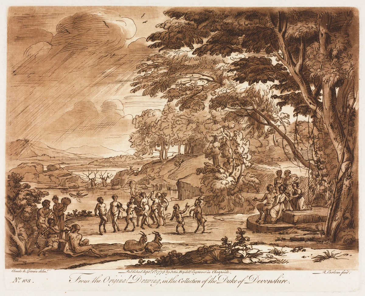 Liber Veritatis: No. 108, Landscape with Satyrs and Nymphs Dancing by Richard Earlom, print, 1775