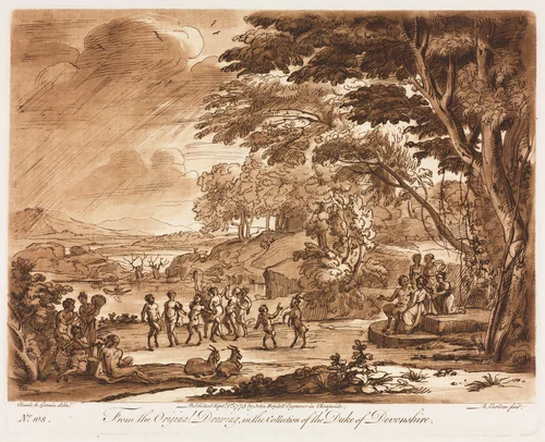Liber Veritatis: No. 108, Landscape with Satyrs and Nymphs Dancing by Richard Earlom, print, 1775
