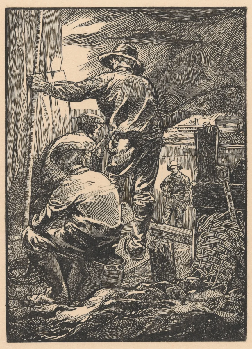 Vier heiende arbeiders bij het water by Johannes Josephus Aarts, print, 1881-1934