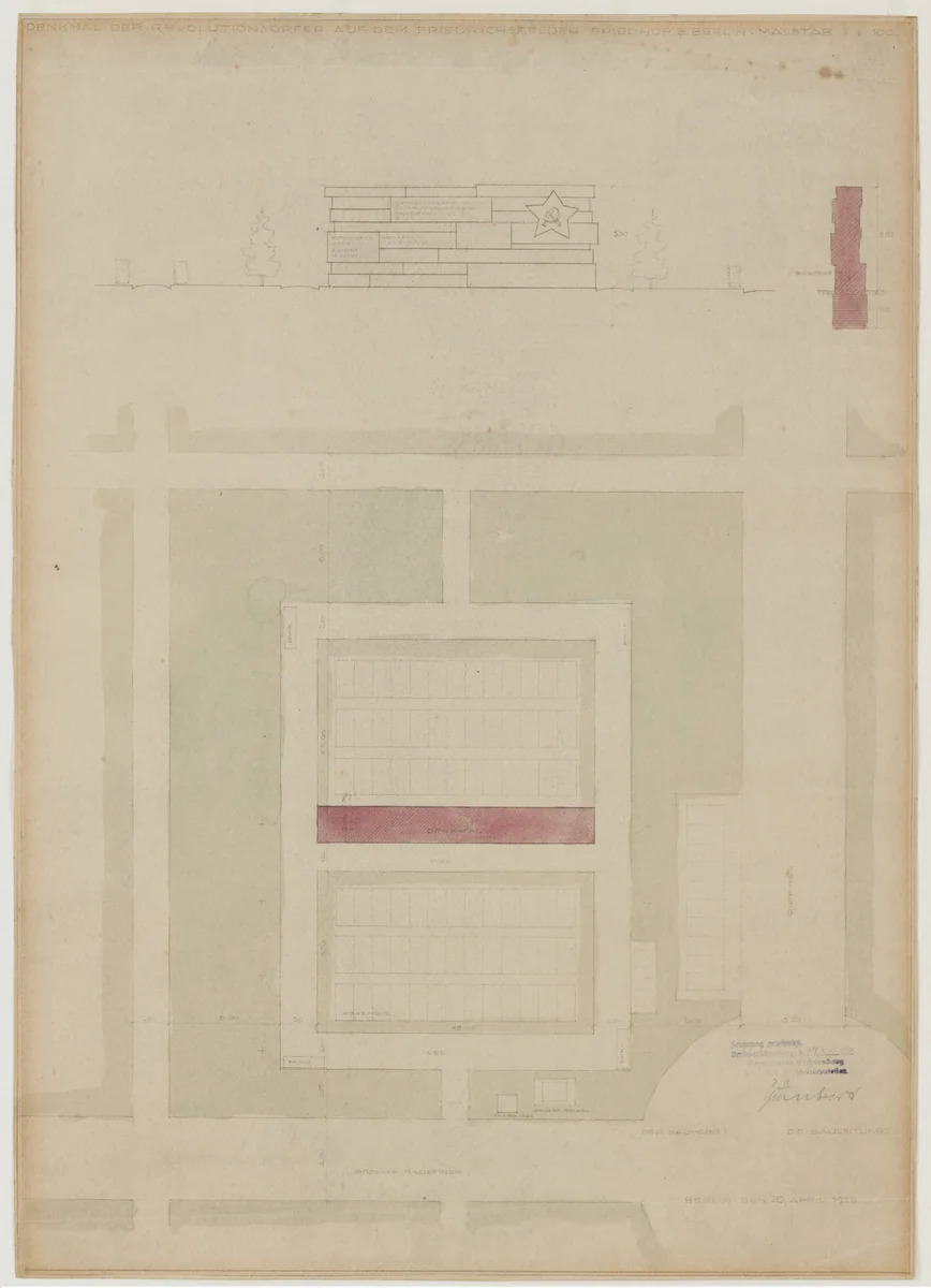 Monument to the November Revolution, Berlin-Lichtenberg, Germany, Site plan, section and elevation, by Ludwig Mies van der Rohe, mies van der rohe archive, 1926