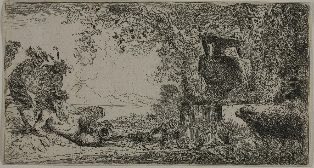 Pan Reclining before a Large Vase by Giovanni Benedetto Castiglione, print, 1645-1647