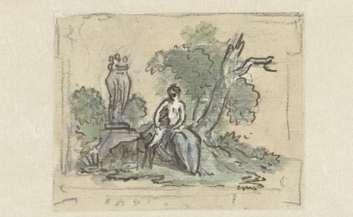 Vrouw met hond in park by Jurriaan Andriessen, drawing, 1752-1819