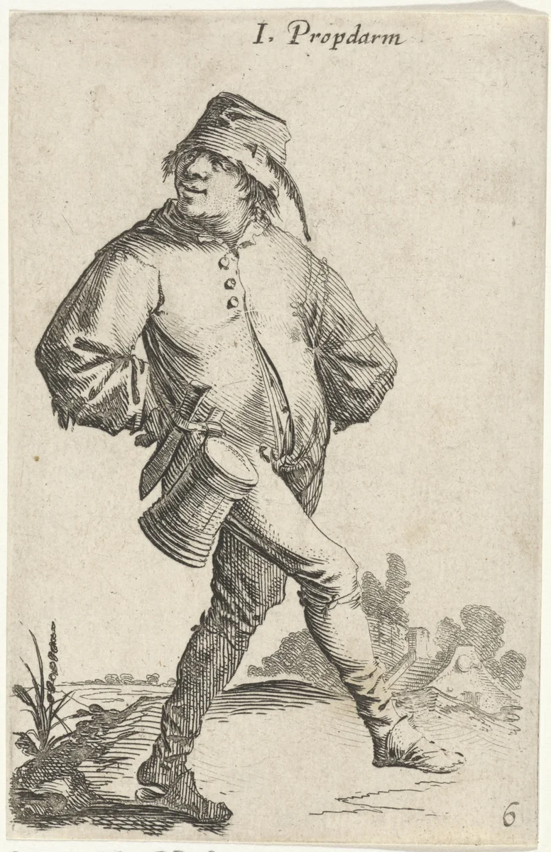 Dansende boer met kroes en mes by Salomon Savery, print, 1630-1665
