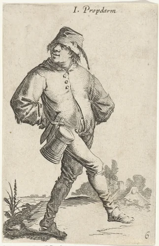 Dansende boer met kroes en mes by Salomon Savery, print, 1630-1665