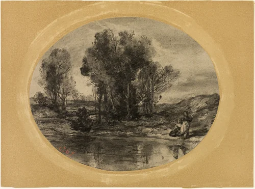 Figures by a Pond by Henri-Joseph-Constant Dutilleux, drawing, 1855-1860