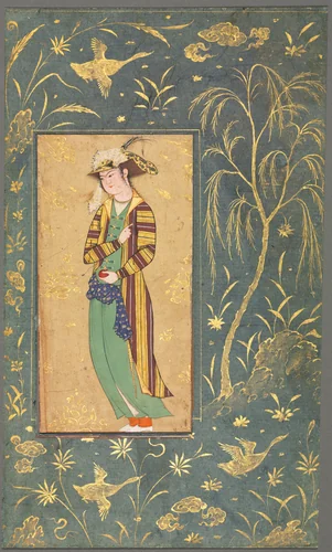 Youth Holding a Pomegranate; Illustration from a Single Page Manuscript by Riza-yi Abbasi, manuscript, 1600-1650