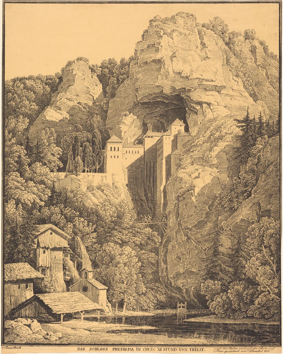 Das Schloss Prediama in Crein XII Stund: von Triest (Predjama Castle in Carniola, Twelve Hours from Trieste) by Karl Friedrich Schinkel, print, 1816