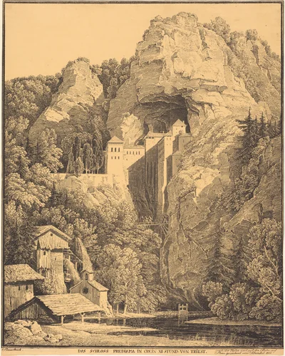 Das Schloss Prediama in Crein XII Stund: von Triest (Predjama Castle in Carniola, Twelve Hours from Trieste) by Karl Friedrich Schinkel, print, 1816