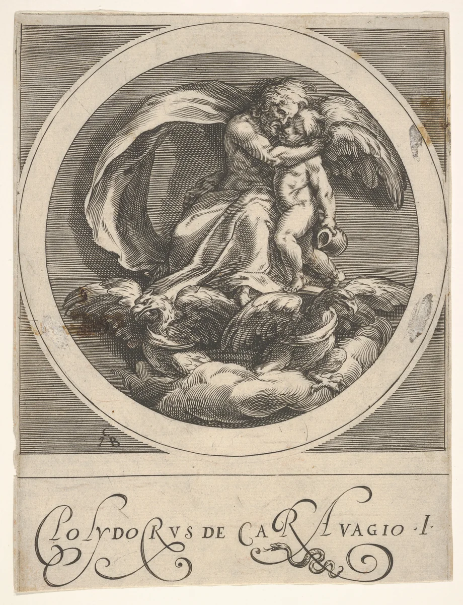 Jupiter, seated above two eagles and embracing Cupid, a round composition from a series of mythological scenes after Polidoro da Caravaggio by Cherubino Alberti, print, 1590