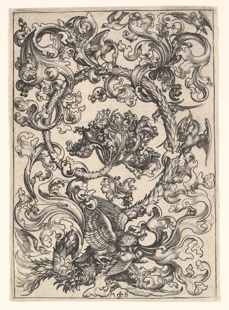 Ornament with Owl Mocked by Day Birds by Martin Schongauer, print, 1470-1491