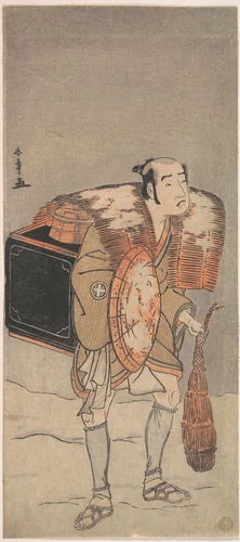 Otani Tomoemon (?) as a Peddler Trudging Through the Snow by Katsukawa Shunshô (勝川春章), print, 1768-1788