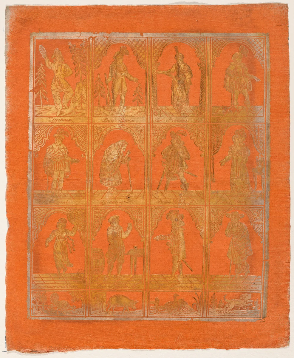 Endpaper with Twelve Standing Figures by German 18th Century, print, 1700-1799