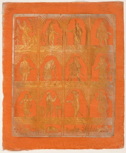 Endpaper with Twelve Standing Figures by German 18th Century, print, 1700-1799