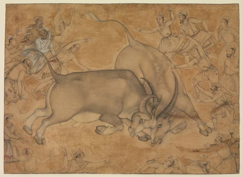 Buffaloes in Combat by Miskin, manuscript, 1575-1599