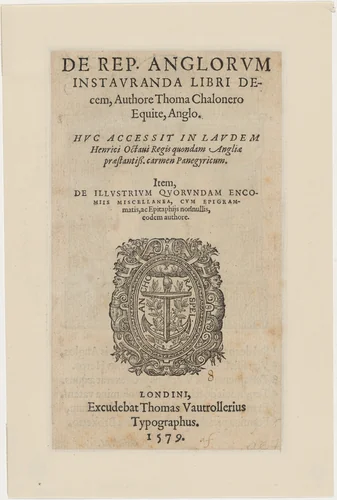 Title Page to De Republicae Anglorum by Thomas Chaloner by Unknown 19th Century, print, 1579