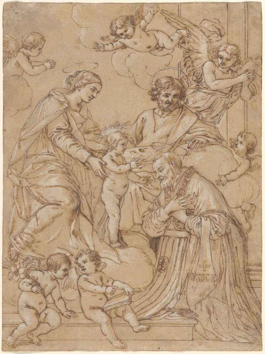 The Holy Family with Saint Philip Neri in Adoration, an Angel, and Putti by Giacinto Gimignani, drawing, 1649