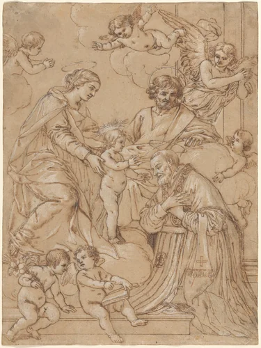 The Holy Family with Saint Philip Neri in Adoration, an Angel, and Putti by Giacinto Gimignani, drawing, 1649
